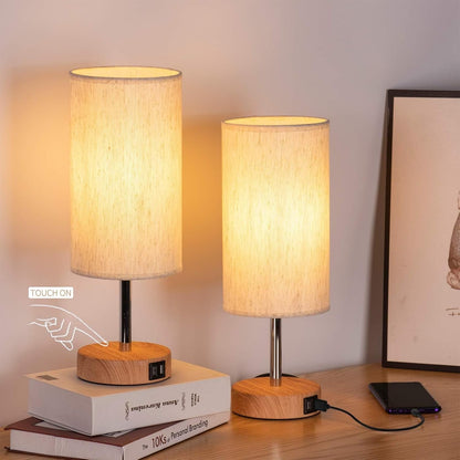 Bedside Lamps with USB Port - Touch Control Table Lamp for Bedroom Wood 3 Way Dimmable Nightstand Lamp Set of 2 with round Flaxen Fabric Shade for Living Room, Dorm, Home Office (2 Pack)1