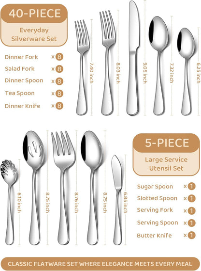 45 Piece Silverware Set for 8 with Serving Utensil Set, Food-Grade Stainless Steel Flatware Set Include Forks Spoons Knives, Dishwasher Safe for Home Hotel Restaurant Wedding, Mirror Polished2