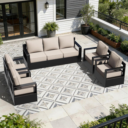 Outdoor Aluminum Furniture Set, 5-Piece Patio Conversation Set, 4 Chairs and 1 Sofa, All-Weather Metal Frame, 6" Thick Removable Cushions, Deep Setting for Garden, Poolside and Porch1
