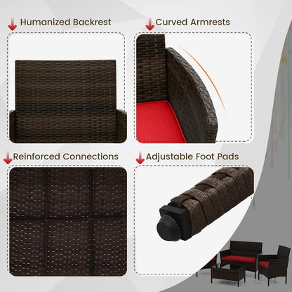 4 Pieces Patio Furniture Set Outdoor Rattan Conversation Set, Wicker Loveseat & Chairs with Tempered Glass Coffee Table, Sectional Sofa Set for Backyard Garden Poolside8