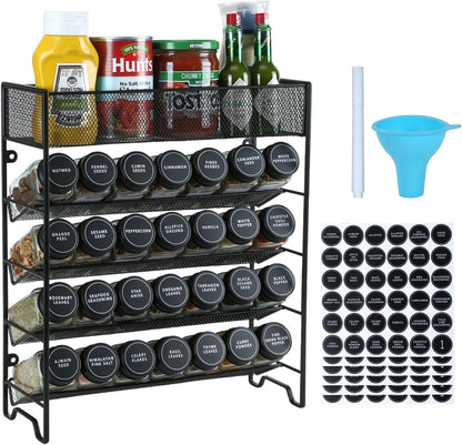 Spice Rack Organizer with 28 Spice Jars, Black Lids, Spice Labels1