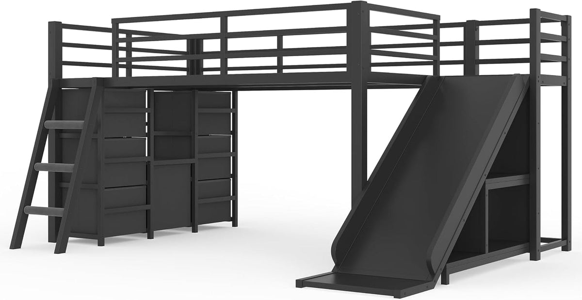twin-low-loft-bed-with-slide-and-led-storage-drawers-and-hanging-area-2-assembly-methods-black