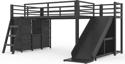 Twin Low Loft Bed with Slide and LED, Storage Drawers and Hanging Area, 2 Assembly Methods, Black5