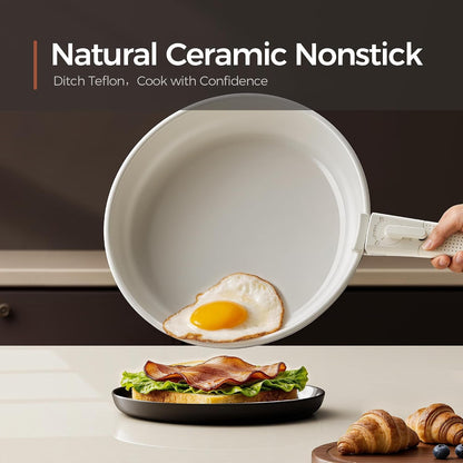 5PCS Pots and Pans Set Non Stick, Diamond-Titanium Ceramic Cookware Set & 3 Layer Stainless Steel with Detachable Handle, Induction Cookware, Non Toxic Oven/Dishwasher Safe, White2