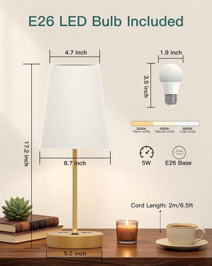 Bedroom Table Lamp, Bedside Lamp with AC Outlet and USB C Charging Ports(Pd 20W), 3-Way Dimmable Lamp with Switch, Lamps with Shade for Night Stands, Living Room, Desk, and Home Office, 6.5Ft5