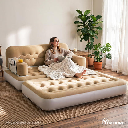Queen Size Air Sofa Bed W/Wave Pattern Headboard & Pump - Brown3
