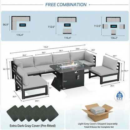 Powder Coated Aluminum Patio Furniture Set with Fire Pit Table, 7 Piece Deep Seat Extra Wide Outdoor Sectional Sofa for 6, L Shaped Luxury Large Conversation Set for Poolside, Light Gray4