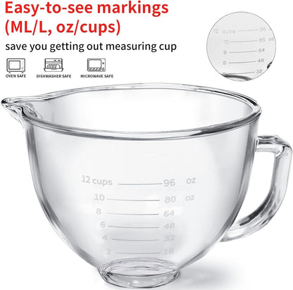 Tilt-Head Stand Mixer Glass Bowl, 5 Qt,Compatible with Kitchenaid Artisan 5KSM125, 5KSM150, 5KSM175, 5KSM7580, KSM150, RRK150,K45, K45SS, KSM75, KSM90, Ksm95,Classic without Lid4