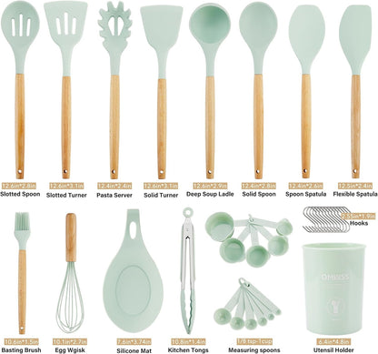 Silicone Kitchen Utensils Set, 35 Pcs Non-Stick Cooking Utensils Set, Sturdy Insulation Wooden Handle Kitchen Accessories for Cooking with Spatula Set and Spoons Set Gadgets (Light Green)7