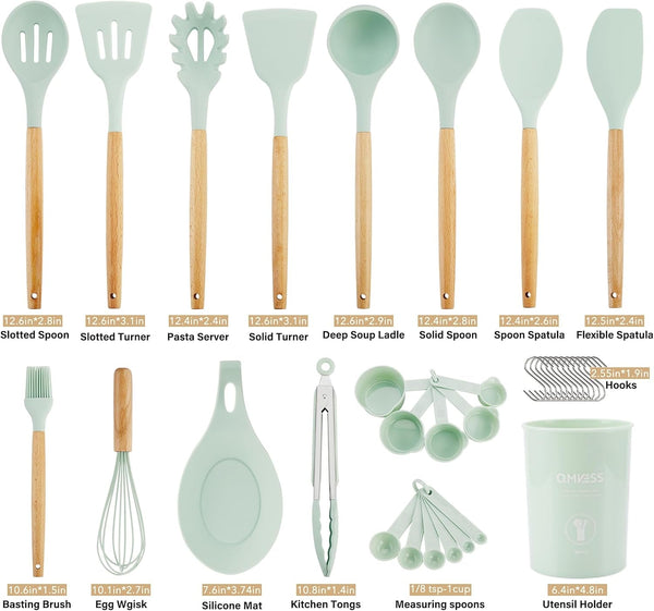 Silicone Kitchen Utensils Set, 35 Pcs Non-Stick Cooking Utensils Set, Sturdy Insulation Wooden Handle Kitchen Accessories for Cooking with Spatula Set and Spoons Set Gadgets (Light Green)7