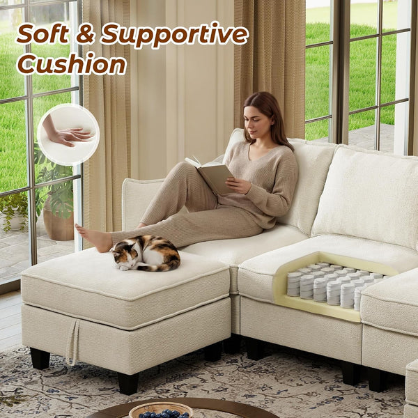 112" Modular Sectional Sofa U Shape Couches with Storage Ottoman and Washable Cushion Cover for Living Room, Bedroom, Apartment(Beige)5