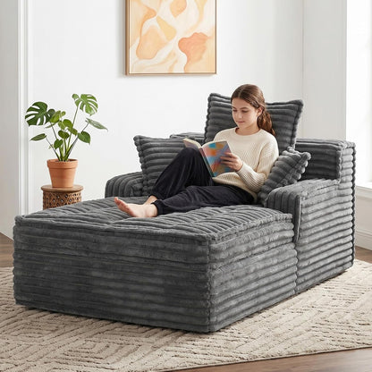 Boneless Chaise Lounge Couch Indoor, Small Corduroy Upholstered Sleeper Sofa Bed Reading Chairs with 3 Pillows, Fluffy Comfy Cloud Sofas Couches, Compression Boneless Sofa for Small Corner9