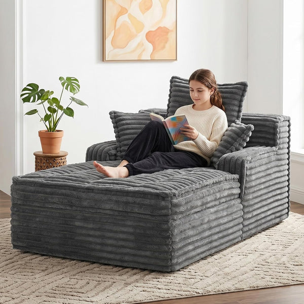 Boneless Chaise Lounge Couch Indoor, Small Corduroy Upholstered Sleeper Sofa Bed Reading Chairs with 3 Pillows, Fluffy Comfy Cloud Sofas Couches, Compression Boneless Sofa for Small Corner9