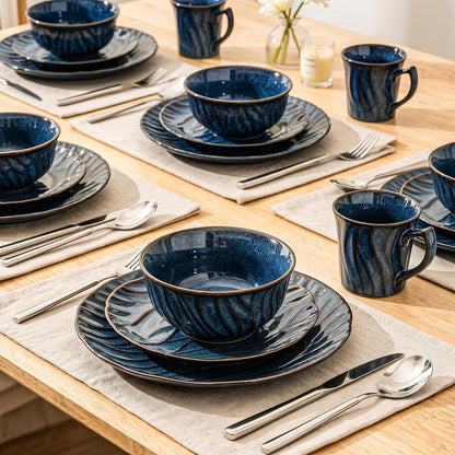 Ceramic Dinnerware Sets for 4, 16 Pcs Plates and Bowls Sets, Reactive Glaze Ceramic Dish Set, Scratch Resistant, Microwave & Dishwasher Safe, Highly Chip and Crack Resistant Dishware Sets, Ocean Blue6