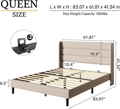 Queen Size Bed Frame Linen Upholstered with Wing Headboard, Beige2