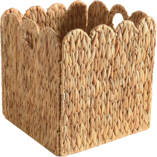 Scalloped Wicker Storage Cubes Basket, 12”X12“ Heavy Duty Paper Rope/Hyacinth/Seagrass Baskets for Shelves, Foldable Natural Boho Square Bins (Water Hyacinth&10.5 X 10.5 X 10.5In&4-Pack)9