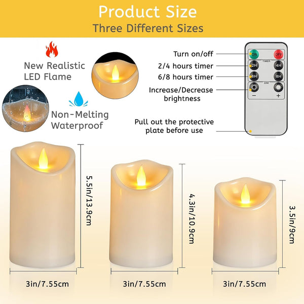 Flameless Candles 4" 5" 6" Set of 6 Outdoor Indoor Pillars Battery Operated Flickering Candles Include 8-Key Remote Timer Function, Ivory Fake Plastic Candles for Wedding, Aniversary,Christmas Decor3