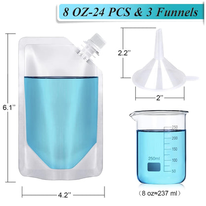 24 Pcs Plastic Flasks, 8 Oz Concealable and Reusable Drink Pouches, Leak-Proof Food Grade Plastic for Travel (8OZ-24PCS +3 Funnels)2