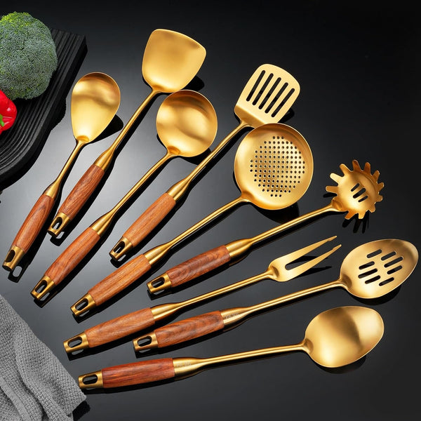 Gold Kitchen Utensils Set Stainless Steel 9 PCS with Wooden Handle1