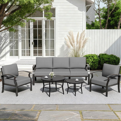 Aluminum Patio Furniture Set with round Coffee Tables, 5-Seat Outdoor Sectional Furniture W/5.1" Cushions, Patio Conversation Set for Porch, Backyard, Poolside-Grey1