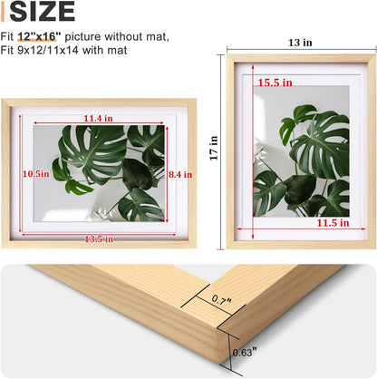 12X16 Picture Frame Natural Wood Made of Solid Wood with Plexiglass, Display Pictures 9X12/11X14 with Mat or 12X16 without Mat, for Wall Mounting Photo Frame3