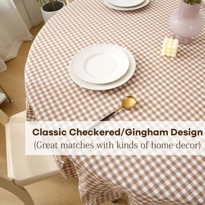 Taupe White Gingham Tablecloth round Dia.70“6