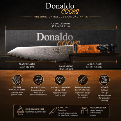 8-Inch Damascus Santoku Knife – VG10 Japanese Steel Core, 67-Layer Damascus Chef Knife, Razor Sharp Kitchen Knife with Ergonomic Resin Handle for Meat, Vegetables & Herbs2