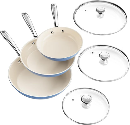 Nonstick Cookware Sets, Ceramic Frying Pan Set with Tempered Glass Lids, Non Stick Cooking Set, Dishwasher & Oven Safe, Induction Safe, Compatible with All Cooktops, Blue (8", 9.5", 11")1