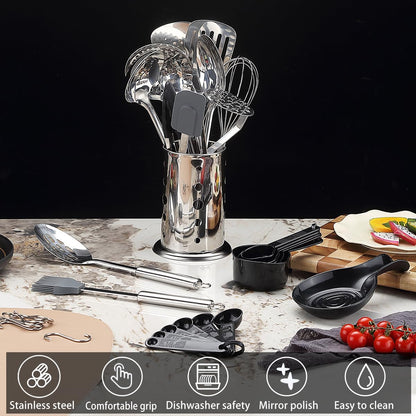 Kitchen Utensils Set, 39 Pieces Stainless Steel Cooking Utensils Set, Spoon Spatula Set with Sturdy Stainless Steel Utensil Holder, Dishwasher Safe3