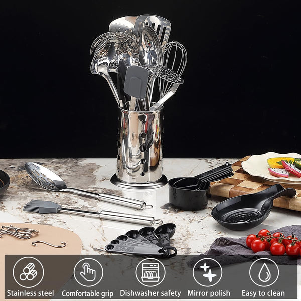 Kitchen Utensils Set, 39 Pieces Stainless Steel Cooking Utensils Set, Spoon Spatula Set with Sturdy Stainless Steel Utensil Holder, Dishwasher Safe3