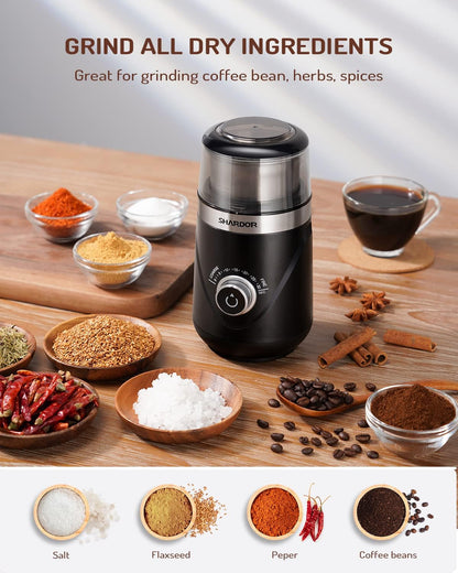 Electric Super Silent Blade Coffee Grinder, Timed Grind Control Rotary Knob, Adjustable Coarse to Fine for Coffee Beans, Spices & Herbs, with 1 Removable Stainless Steel Bowl, Black4