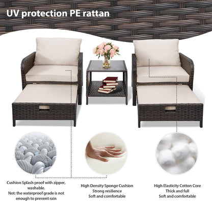 Balcony Furniture 5 Piece Patio Conversation Set, PE Wicker Rattan Outdoor Lounge Chairs with Soft Cushions 2 Ottoman&Glass Table for Porch, Lawn-Brown Wicker7