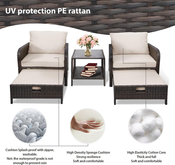 Balcony Furniture 5 Piece Patio Conversation Set, PE Wicker Rattan Outdoor Lounge Chairs with Soft Cushions 2 Ottoman&Glass Table for Porch, Lawn-Brown Wicker7