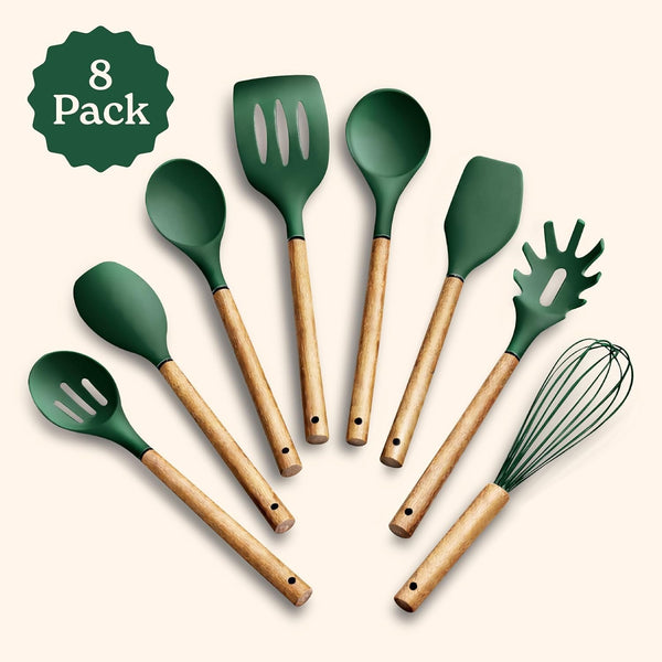 Non Stick Silicone Utensil Set with Rounded Wood Handles for Cooking and Baking, 8 Piece Set, Green2