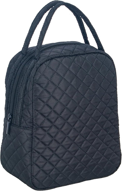 Machine Washable Women Quilted Fabric Insulated Reusable Cooler Lunch Bag Tote Adult Thermal Lunch Box Storage Bag for Ｗork (Black)1