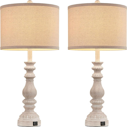 28.5" Tall Farmhouse Table Lamps Set of 2 for Living Room Rustic Bedside Lamps with USB C+A Traditional Lamp for Bedroom Nightstand Office Hallway, Washed White, Rotary Switch, Bulb Not Included9