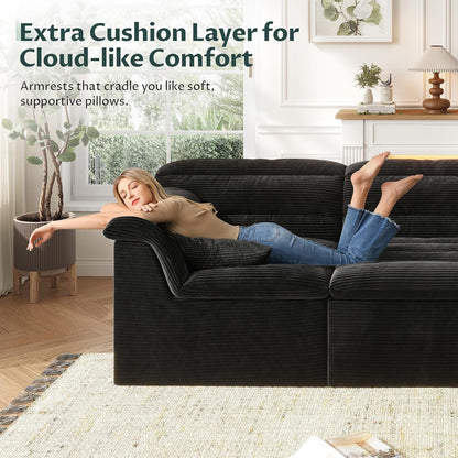112" Modular Cloud Sectional Couch with Ottoman, Modern Upholstered Compressed Sofa with Deep Seat, Comfy L-Shape Corduroy Couches for Living Room, No Assembly Required, Black7