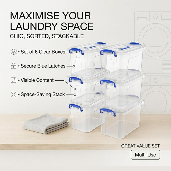6-Pack Clear Plastic Storage Bin with Lids, Stackable Organizer Box with Latching Handle, 6.5L/7Quart7