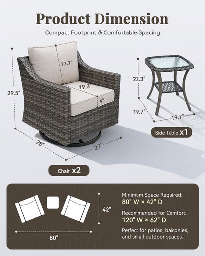 Patio Furniture Set 3 Pieces Luxury Outdoor Bistro with Swivel Rocker Chairs and Side Table, Easy Assembly Conversation Set for Porch Deck Balcony Yard in Gray Wicker and Beige Cushions2