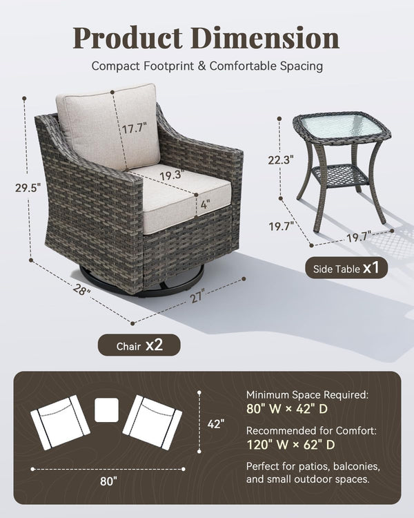 Patio Furniture Set 3 Pieces Luxury Outdoor Bistro with Swivel Rocker Chairs and Side Table, Easy Assembly Conversation Set for Porch Deck Balcony Yard in Gray Wicker and Beige Cushions2