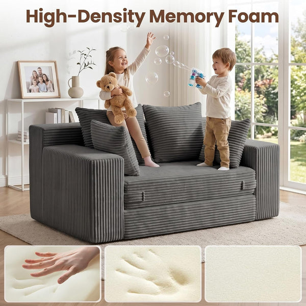 Boneless Mini Couch 53 Inch, 3-In-1 Gray Boneless Couches Covertible Sofa Bed with 4 Pillows, Small Couches for Living Room, Bedroom, Small Space4