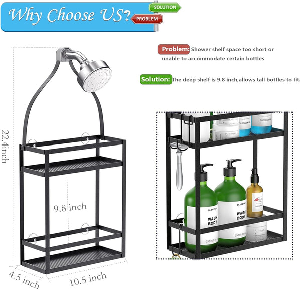 Shower Caddy, 10.4" X 4.5" X 22.04" Hanging Shower Caddy Organizer over Shower Head Big Capacity for Shampoo, Conditioner with Hooks for Razor/Sponge, Matte Black2