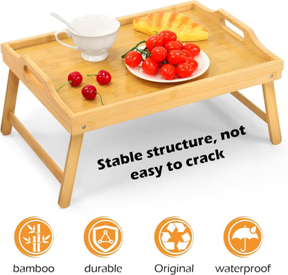 Bamboo Bed Tray Table, Folding Legs and Handles, Breakfast Tray, Laptop Desk for Bed or Sofa, Serving Tray for Eating, Working, Reading,Picnic3