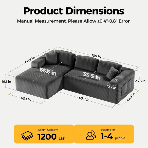 108" L-Shaped Boneless Sectional Sofa, Cloud Couch in One Box2