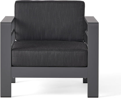 Cape Coral Outdoor Aluminum 5 Piece Loveseat Chat Set Water Resistant Cushions Grey Square Fire Table, 32.00 "W X 27.5 "D X 24.6 "H, Dark Gray + Gray4