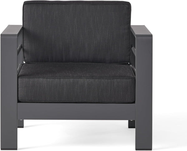 Cape Coral Outdoor Aluminum 5 Piece Loveseat Chat Set Water Resistant Cushions Grey Square Fire Table, 32.00 "W X 27.5 "D X 24.6 "H, Dark Gray + Gray4