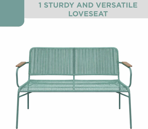 Alpine Corporation VTFAM170A 4-Piece Outdoor Rope Woven Patio Conversation Set – Sofa Bench, 2 Armchairs & Coffee Table – Modern Metal Frame with Wood Armrests – Indoor/Outdoor Seating Set7