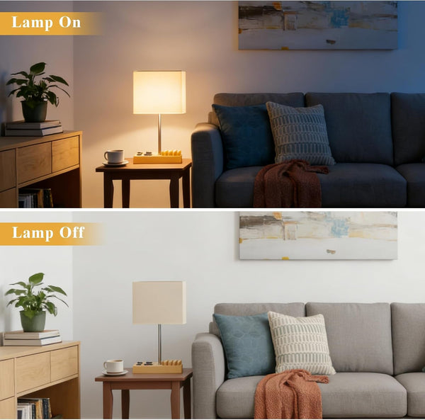 USB Table Lamp, Multi-Functional Desk Lamp with 2 AC Outlets, Bedside Lamp with 3 USB Charging Ports and Wooden Phone Stands, Nightstand Lamp for Bedroom, Livingroom, Office, Natural Wood5