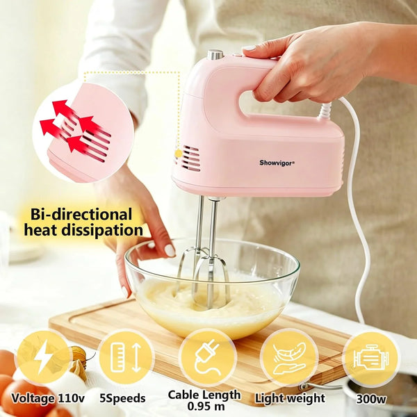 Electric Hand Mixer, 300W Handheld Mixer with 5 Stainless Steel Accessories, 5 Adjustable Speeds + Turbo Boost & Self-Control, One-Button Eject, Food Beater for Cakes, Eggs, Dough (Pink)4