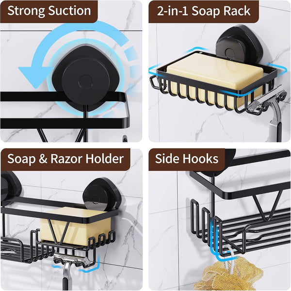 Shower Caddy Suction Cup, 3 Pack Removable Shower Shelves with Hooks & Soap Holder, No Drilling Bathroom Organizer, Waterproof Suction Storage for inside Shower, Black3